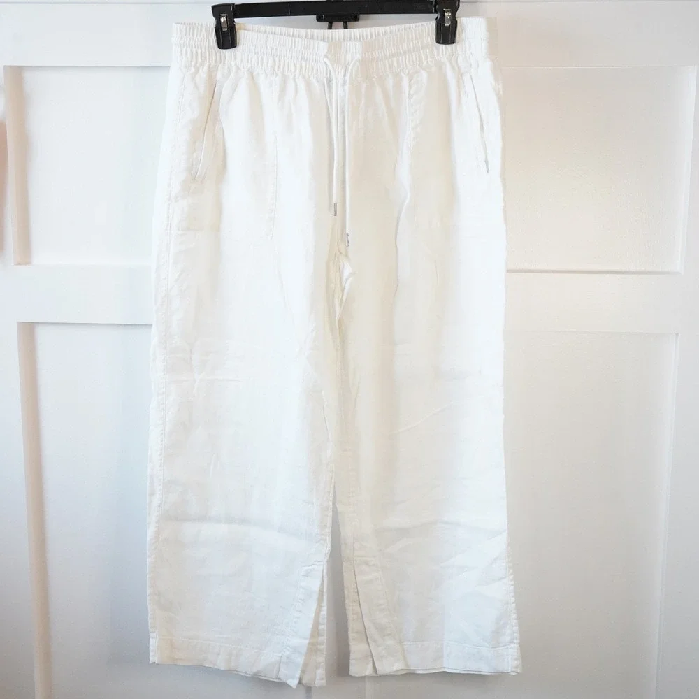 Athleta, White 100% Linen Blend Wide Leg Pants Size 16 Elastic Waist Drawstring